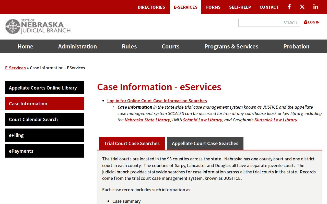 Lancaster case search official Nebraska Judicial eServices information