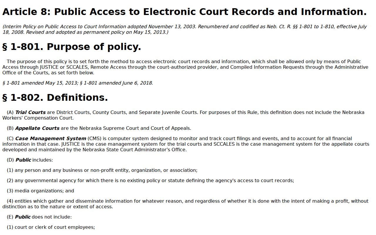 Lancaster civil dockets Nebraska public electronic access rules