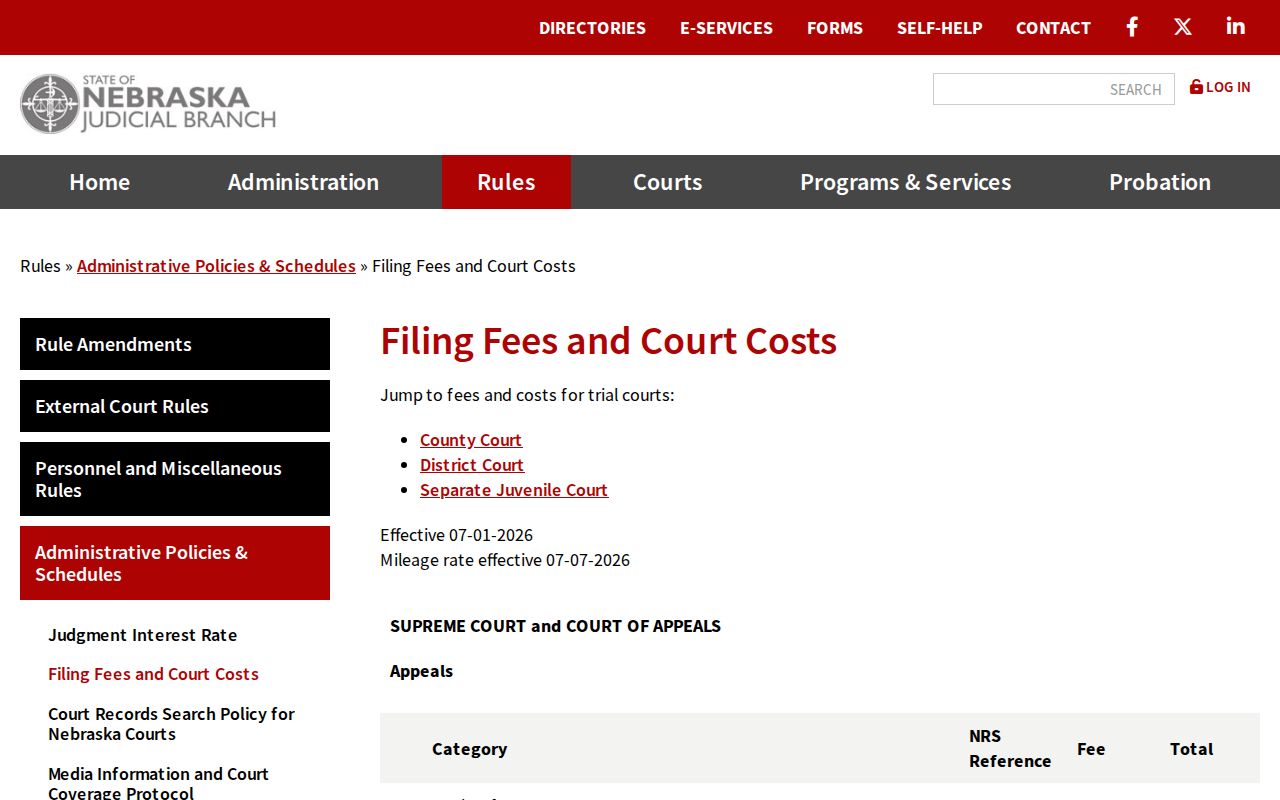 Lancaster civil dockets Nebraska court filing fee schedule