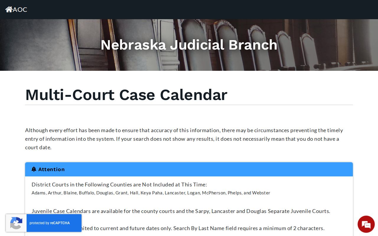 Lancaster court calendar statewide Nebraska search interface