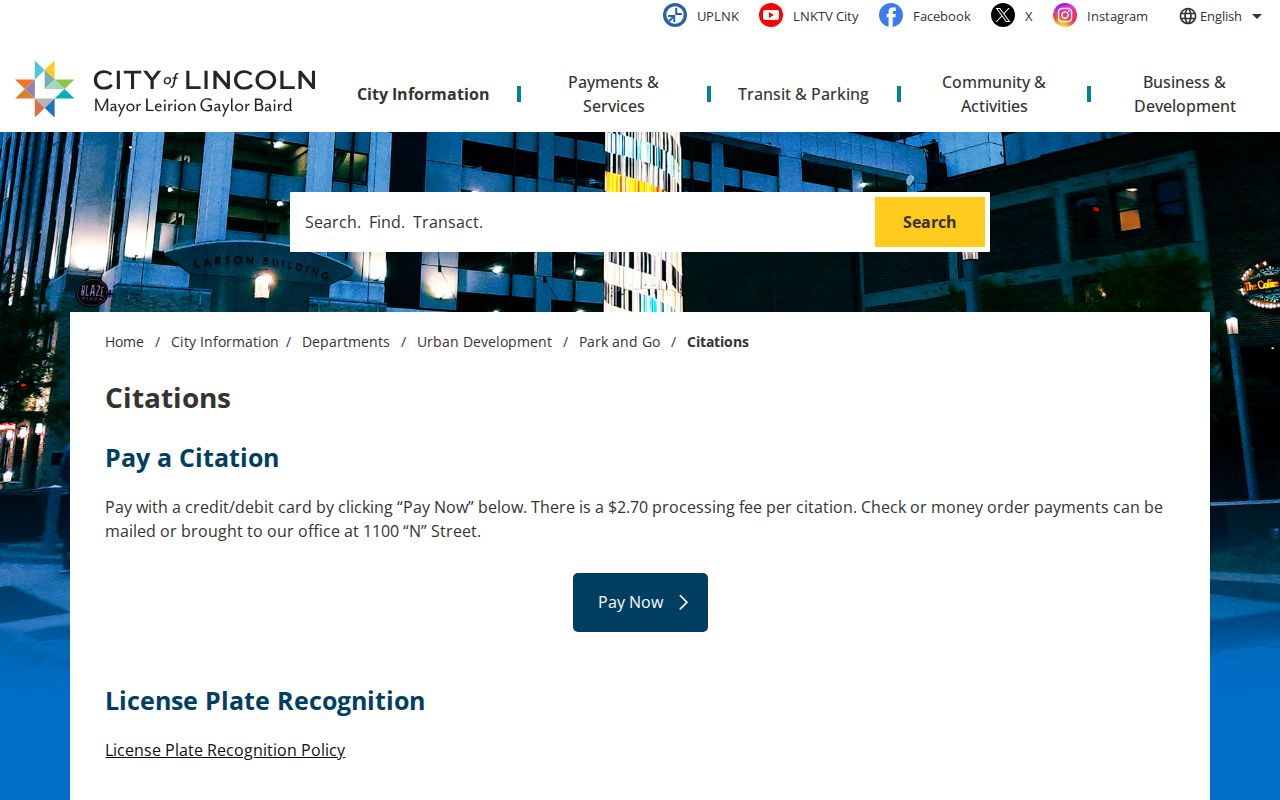 Lincoln court records parking citation process source page